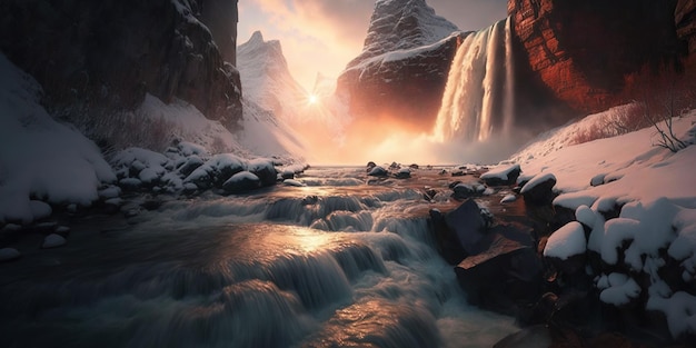 Spettacolare cascata da un ghiacciaio in scioglimento su una montagna rocciosa con illuminazione spettacolare