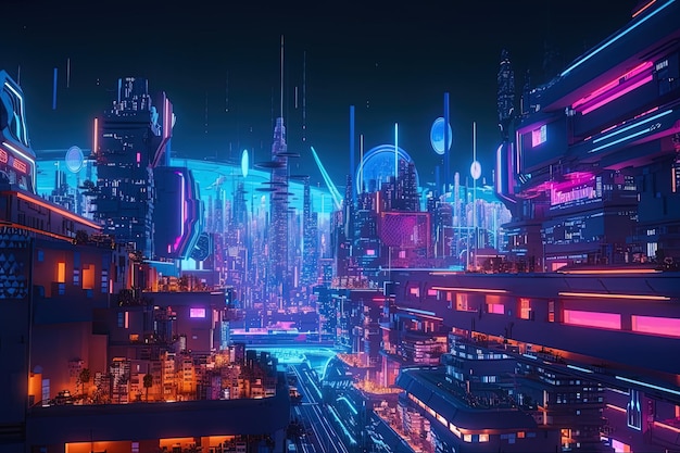 Spettacolare città del futuro tutta illuminata di notte generazione 3d AI
