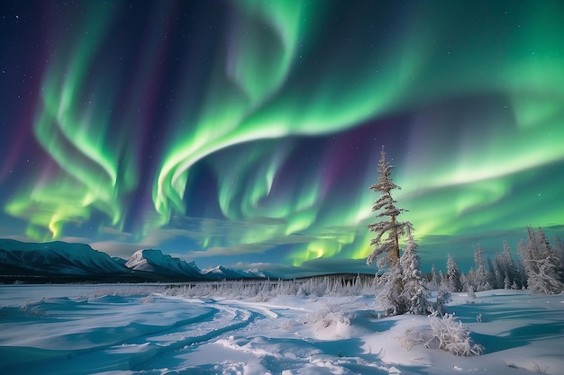 Spettacolare esposizione di intense luci settentrionali o aurore boreali o luci polari che formano vortici verdi e luna dietro nebbie di ghiaccio sul paesaggio nevoso invernale della taiga del Territorio dello Yukon, Canada