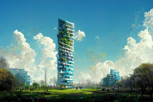 Spettacolare illustrazione 3D di arte digitale eco città futuristica ricca di alberi