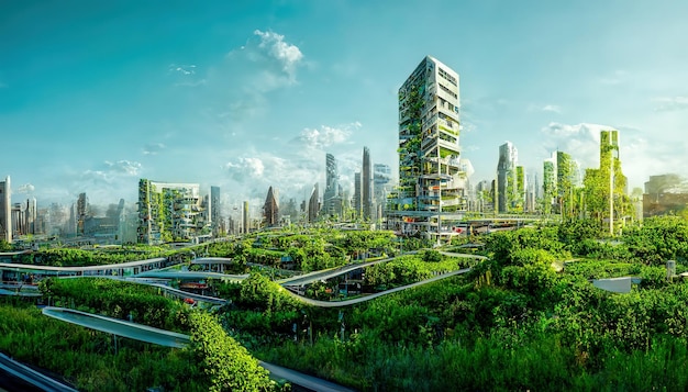 Spettacolare illustrazione 3D di arte digitale futuristica città ESG ricca di alberi
