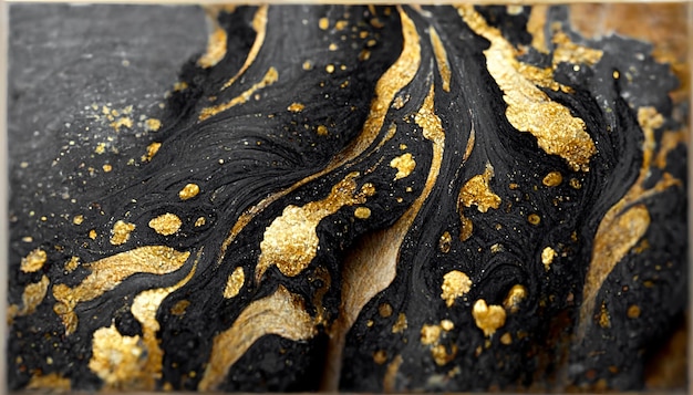 Spettacolare inchiostro nero scuro e oro roteato intorno all'illustrazione 3D di arte digitale