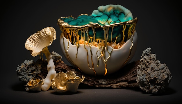 Spettacolare miceli in ceramica di fungo opale di giada kintsugi