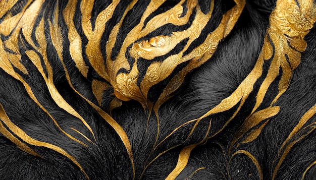 Spettacolare motivo di pelliccia nera e oro come inchiostro Illustrazione 3D di arte digitale