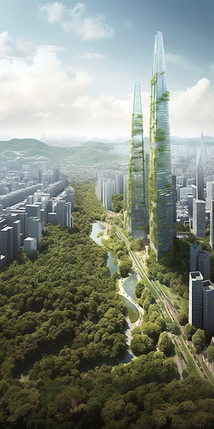 Spettacolare paesaggio urbano eco-futuristico pieno di verde grattacieli parchi e altri spazi verdi artificiali nell'area urbana giardino verde nella città moderna arte digitale illustrazione 3D