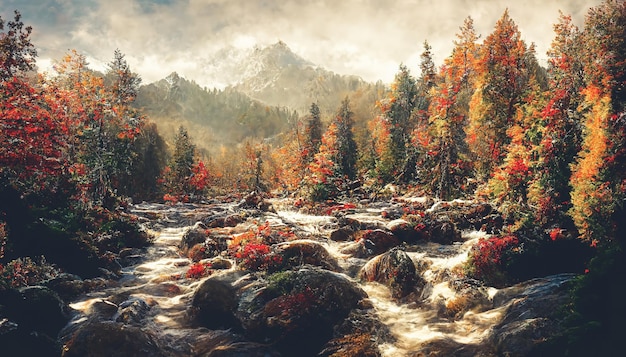 Spettacolare panorama della foresta autunnale con una catena montuosa in lontananza, foglie di colore arancione brillante sul suolo della foresta e un torrente impetuoso delimitato da boschi Arte digitale Illustrazione 3D