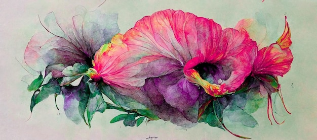 Spettacolare pittura ad acquerello di fiori multicolori con verde magenta, rosso pastello e viola con gambo verde e rami su sfondo bianco e isolato Arte digitale Illustrazione 3D