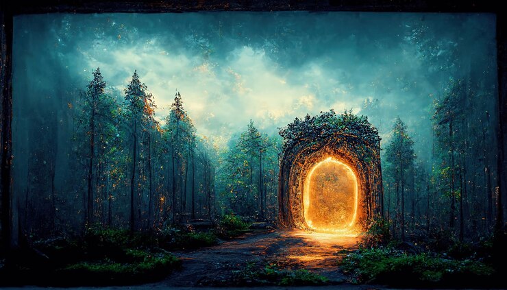 Foto spettacolare portico in una foresta di fantasia illustrazione 3d di arte digitale