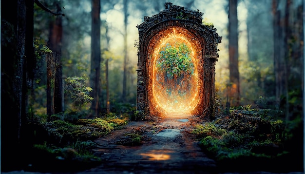 Spettacolare scena fantasy con un portale ad arco coperto di piante rampicanti Nel mondo fantastico l'antico cancello di pietra magica mostra un'altra dimensione Arte digitale Illustrazione 3D