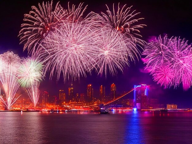 Spettacolare spettacolo di fuochi d'artificio illumina il cielo Celebrazione del Capodanno Immagine di sfondo scaricata