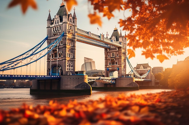 Spettacolare splendore autunnale Il Tower Bridge di Londra illuminato da un tramonto dorato e da un fogliame vibrante