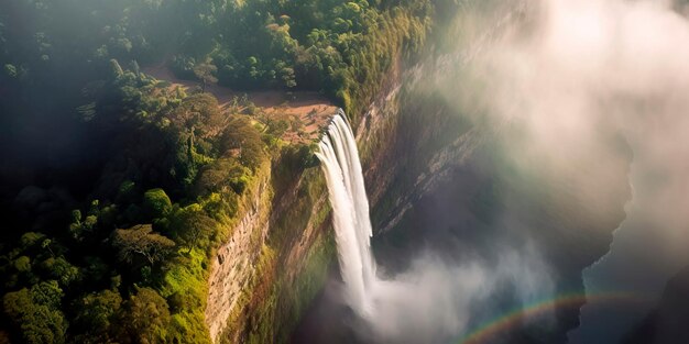 Spettacolare veduta aerea di una maestosa cascata che scende da una ripida scogliera circondata da una vegetazione lussureggiante e nebbiosi arcobaleni tra gli spruzzi IA generativa