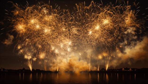 Spettacolari fuochi d'artificio che scoppiano nel cielo notturno sopra un lago per celebrare l'arrivo del nuovo anno 2024