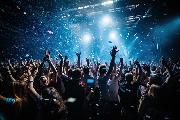 Spettacoli dal vivo, concerti rock, feste, festival, locali notturni, folla applaudente, luci del palco e confetti.