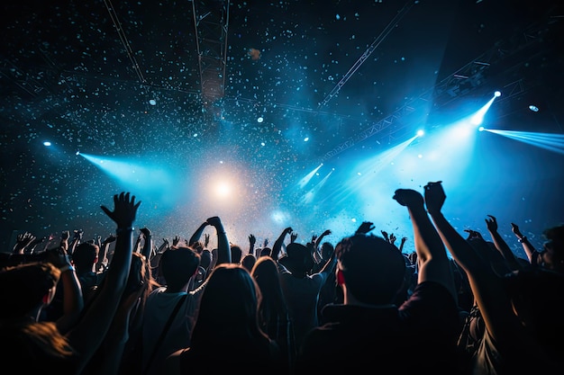 Spettacoli dal vivo, concerti rock, feste, festival, locali notturni, folla applaudente, luci sul palco e confetti.