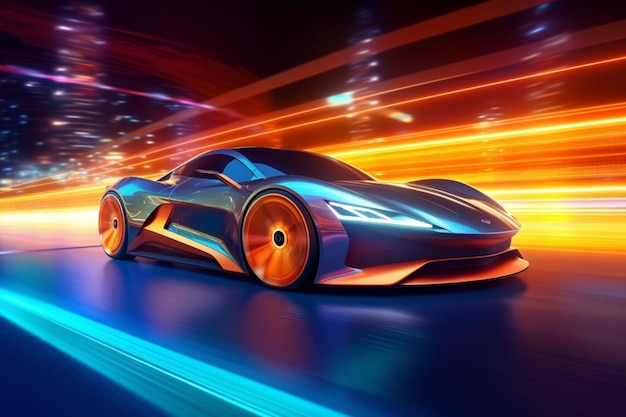 Spettacolo ad alto numero di ottani Un'auto sportiva futuristica sfreccia con affascinanti scie luminose