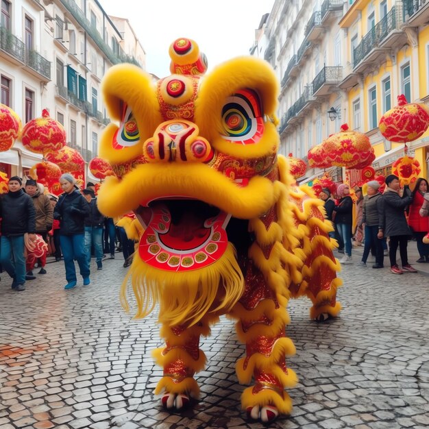 Spettacolo di danza del drago o del leone barongsai in celebrazione del nuovo anno lunare cinese festival tradizionale asiatico