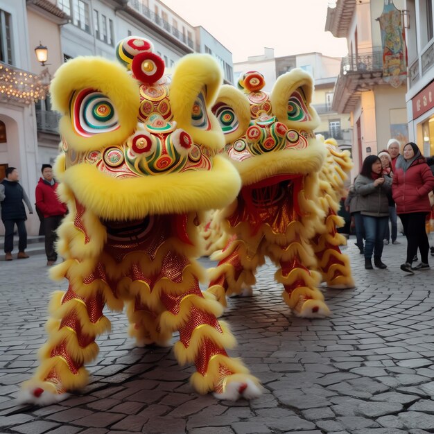 Spettacolo di danza del drago o del leone barongsai nella celebrazione del festival del capodanno lunare cinese tradizionale asiatico