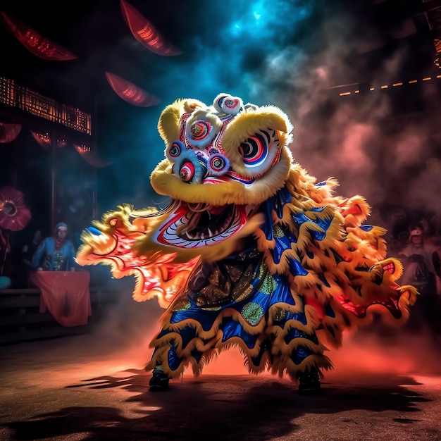 Spettacolo di danza del drago o del leone barongsai nella celebrazione del festival del capodanno lunare cinese tradizionale asiatico