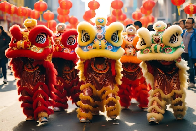 Spettacolo di danza del drago o del leone barongsai nella celebrazione del festival del capodanno lunare cinese tradizionale asiatico