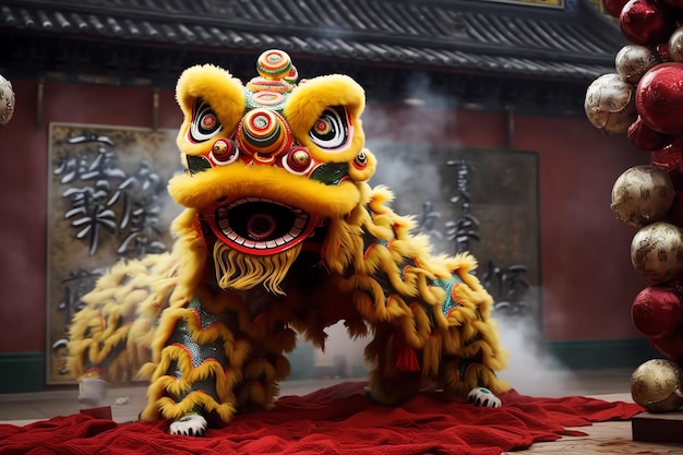 Spettacolo di danza del drago o del leone barongsai nella celebrazione del festival del capodanno lunare cinese tradizionale asiatico