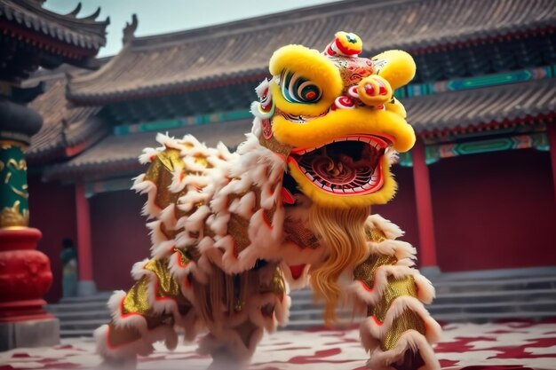 Spettacolo di danza del drago o del leone barongsai nella celebrazione del festival del capodanno lunare cinese tradizionale asiatico