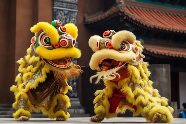 Spettacolo di danza del drago o del leone barongsai nella celebrazione del festival del capodanno lunare cinese tradizionale asiatico