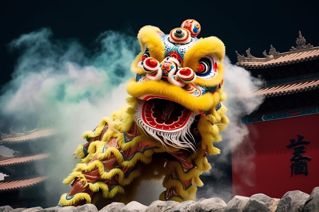 Spettacolo di danza del drago o del leone barongsai nella celebrazione del festival del capodanno lunare cinese tradizionale asiatico