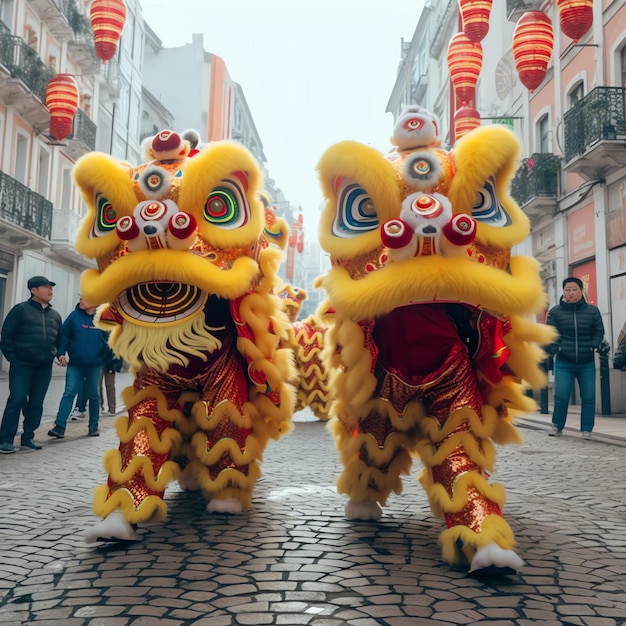 Spettacolo di danza del drago o del leone barongsai nella celebrazione del festival del capodanno lunare cinese tradizionale asiatico