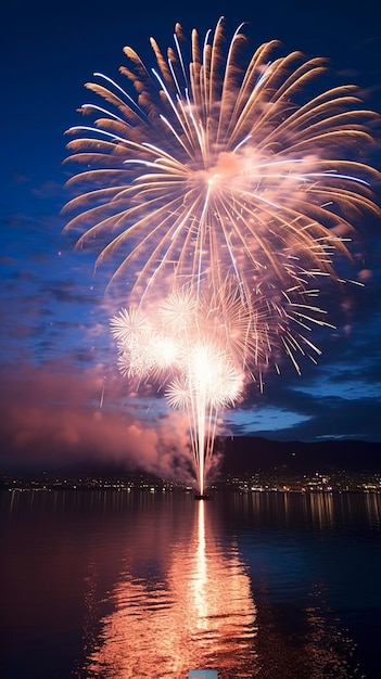 Spettacolo di fuochi d'artificio colorati sull'acqua