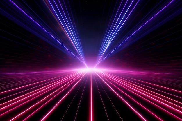 Spettacolo laser di linee luminose di luci al neon su uno sfondo nero