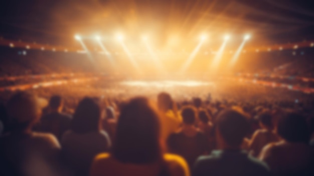 Spettatori sfocati che guardano uno spettacolo dal vivo in una sala da concerto o in uno stadio con luci festive