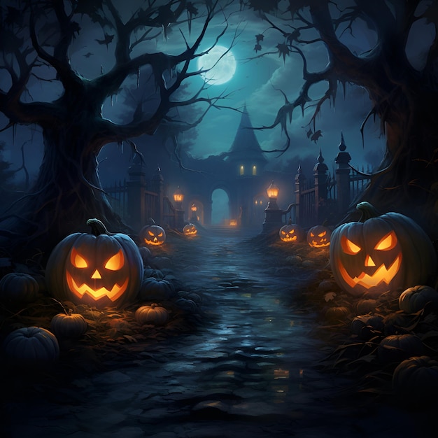 Spettrale casa stregata di Halloween con Jackolanterns nel cortile Atmosfera inquietante al chiaro di luna