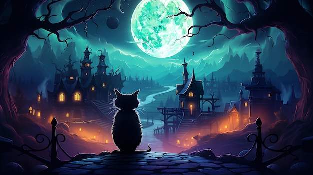 spettrale gatto nero di Halloween in un magico villaggio luminoso