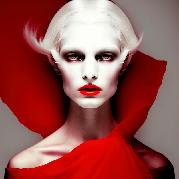 Spettrale modello albino di alta moda con trucco rosso e occhi azzurri