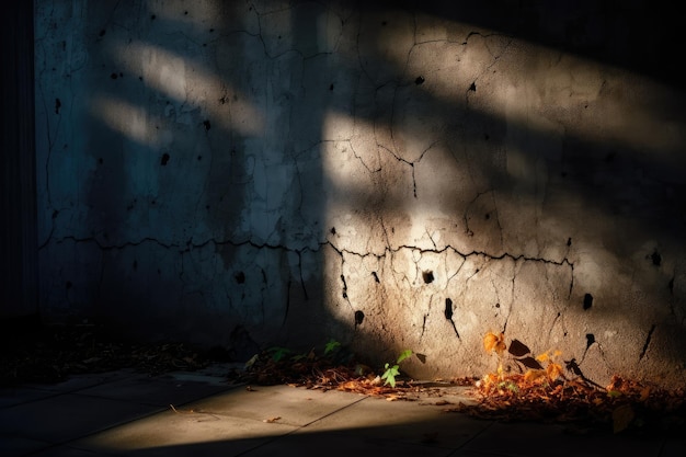 Spettrale muro di cemento con luce tremolante e un'ombra inquietante sullo sfondo creata con l'IA generativa