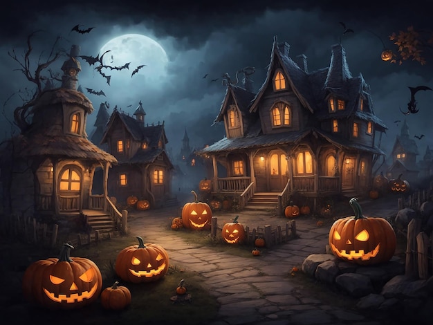 Spettrale notte di Halloween con candele di zucche e sullo sfondo un castello infestato
