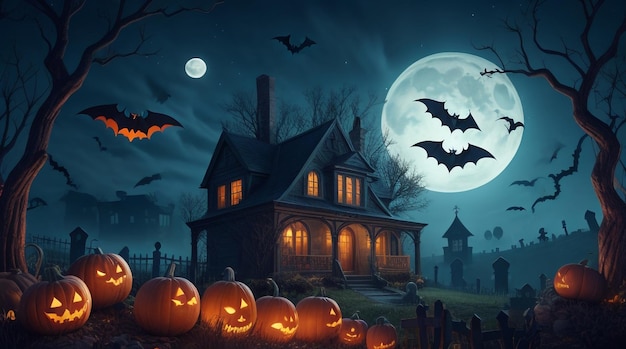 Spettrale sfondo vintage di Halloween con castello di zucche e pipistrelli volanti generati dall'intelligenza artificiale