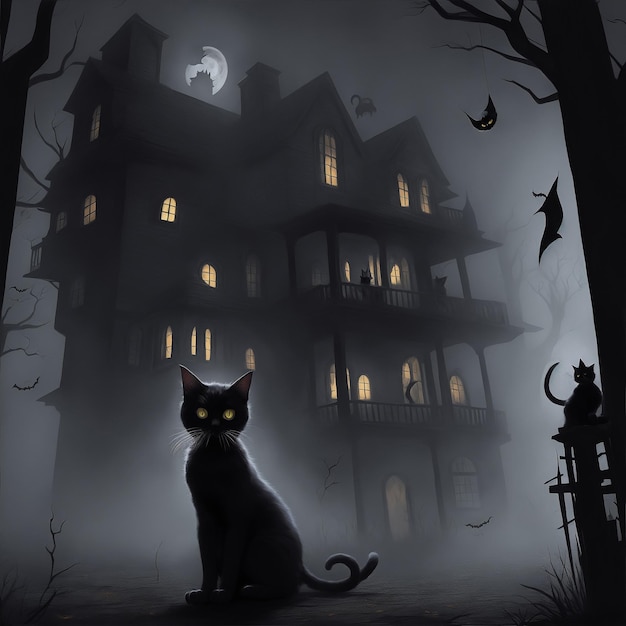 Spettrale spaventoso gatto di Halloween in una casa infestata circondata da ombre spiriti e nebbia