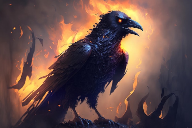 Spettrali illustrazioni di corvo su sfondo nero fumoso