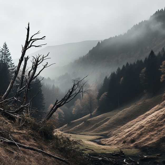 Spettrali montagne autunnali coperte di nebbia che creano un'atmosfera misteriosa e inquietante