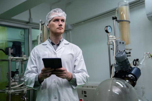 Speziale scienziato che lavora in laboratorio per l'estrazione di cannabis con tablet