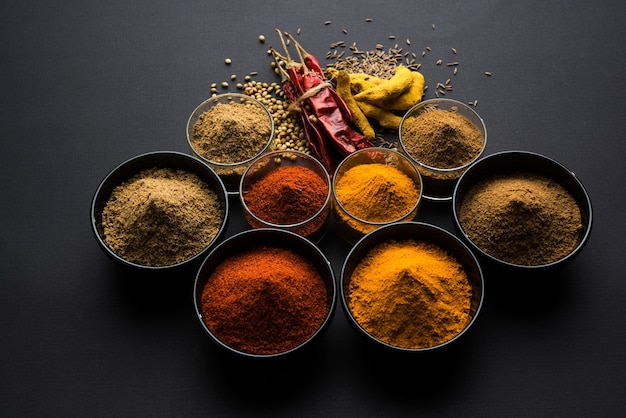 Spezie colorate indiane. Foto di gruppo di quattro spezie indiane di base come peperoncino rosso crudo, curcuma, coriandolo e cumino in polvere. messa a fuoco selettiva