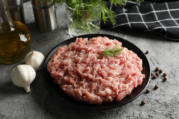 Spezie e zolla con carne tritata su gray, fine in su