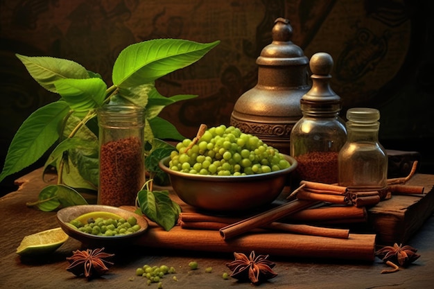 Spezie ed erbe aromatiche Un assortimento di vari vasetti e contenitori su un tavolo