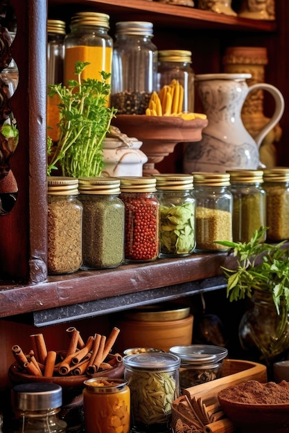 Spezie ed erbe organizzate su uno scaffale di cucina creato con ai generativi