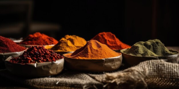 Spezie indiane chiudere pepe curcuma timo paprika cumino IA generativa