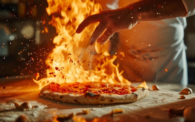 Spezie spazzolate a mano sulla pizza con fiamme drammatiche sullo sfondo