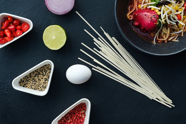 Spezie tradizionali per cucinare il ramen. Cucina asiatica. Condimenti per esaltare il sapore