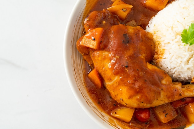 spezzatino di pollo fatto in casa con pomodori, cipolle, carote e patate su piatto con riso